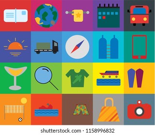 Set Of 20 icons such as Camera, Bag, Swimsuit, Water craft, Beach volleyball, Bus, Surfing, Shirt, Cocktail, Trailer, Oxygen, Postcards, Phone, Towel, transparency icon pack, pixel perfect