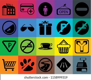 Set Of 20 icons such as Cashier machine, No smoking, Forbidden, Open, Shopping cart, Cit card, basket, Slope, transparency icon pack, pixel perfect