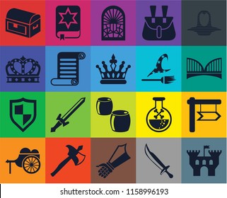 Set Of 20 icons such as Castle, Sword, Gauntlet, Axe, Wheelbarrow, Coif, , Beer, Shield, Scroll, Witch, Chest, Bridge, Stained glass window, transparency icon pack, pixel perfect