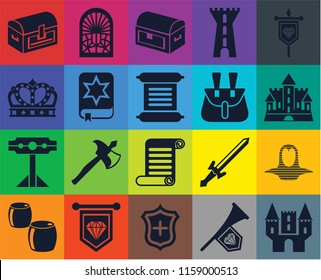 Set Of 20 icons such as Castle, Fanfare, Shield, Standard, Beer, Banner, Coif, Scroll, Pillory, Spellbook, Belt pouch, Chest, transparency icon pack, pixel perfect