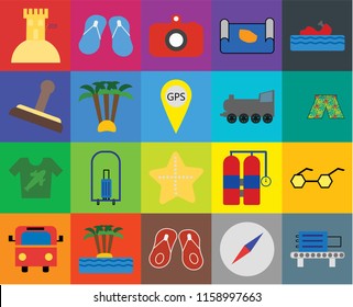 Set Of 20 icons such as Check out, Compass, Flip flops, Island, Bus, Water craft, Sunglasses, Starfish, Shirt, Palm tree, Railway, Sand castle, Swimsuit, Camera, transparency icon pack, pixel perfect