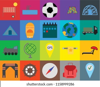 Set Of 20 icons such as Check in, Backpack, Compass, Helm, Arch, Igloo, Sunbed, Gps, Railway, Sun protection, Globe, Beach volleyball, Trailer, Ball, transparency icon pack, pixel perfect