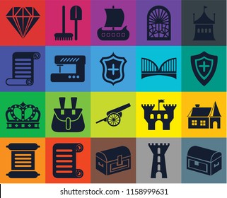 Set Of 20 icons such as Chest, Tower, Scroll, Tent, House, Cannon, Crown, Sewing machine, Bridge, Jewelry, Shield, Viking ship, transparency icon pack, pixel perfect