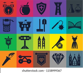 Set Of 20 icons such as Church, Jewelry, Standard, Trebuchet, Torch, Alchemy, Gown, Tower, Banner, Castle, Morning star, Drum, Bridge, Shield, transparency icon pack, pixel perfect