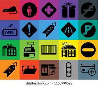 Set Of 20 icons such as Cit card, Traffic light, Store, Wallet, Discount, No smoking, Forbidden, Barcode, Mall, Warning, Road, Rats, parking, Hospital, transparency icon pack, pixel perfect