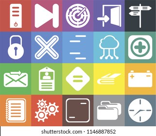 Set Of 20 icons such as Clock, Folder, Frame, Settings, Note, Street, Battery, Equal, Send, Multiply, Cloud computing, Server, Add, Radar, web UI editable icon pack, pixel perfect