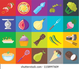 Set Of 20 icons such as Coconut, Ice cream, Pear, Spatula, Pasta, Cauliflower, Sushi, Pepper, Risotto, Fig, Fork, Kebab, Radish, Water, transparency icon pack, pixel perfect