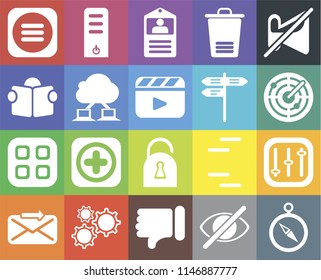 Set Of 20 icons such as Compass, Hide, Dislike, Settings, Send, Muted, Controls, Locked, Menu, Cloud computing, Street, Radar, Id card, web UI editable icon pack, pixel perfect