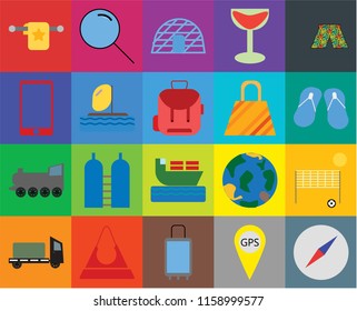 Set Of 20 icons such as Compass, Gps, Suitcases, Purse, Trailer, Swimsuit, Beach volleyball, Ship, Railway, Parasailing, Bag, Towel, Flip flops, Igloo, transparency icon pack, pixel perfect