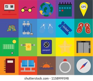 Set Of 20 icons such as Compass, Flip flops, Gps, Calendar, Notebook, Sunglasses, Starfish, Swimsuit, transparency icon pack, pixel perfect