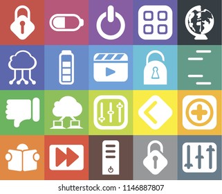 Set Of 20 icons such as Controls, Unlocked, Server, Fast forward, Reading, Worldwide, Add, Dislike, Battery, Locked, Lock, Lines, Switch, web UI editable icon pack, pixel perfect