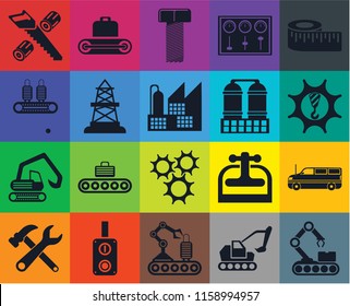 Set Of 20 icons such as Conveyor, Excavator, Switch, Tools, Measure, Cargo truck, Cogwheel, Digger, Oilfield, Refinery, Wood cutting, Machinery, Bolt, transparency icon pack, pixel perfect