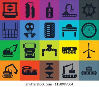 Set Of 20 icons such as Conveyor, Machine press, Measure, Digger, Machinery, Windmill, Pump, Excavator, Gas mask, Saw, Gauge, Switch, transparency icon pack, pixel perfect