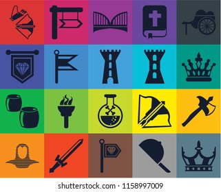 Set Of 20 icons such as Crown, Hat, Standard, Sword, Coif, Wheelbarrow, Axe, Poison, Beer, Flag, Tower, Crossbow, Bridge, transparency icon pack, pixel perfect