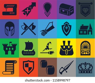 Set Of 20 icons such as Crown, Dagger, Beer, Shield, Scroll, Standard, Stained glass window, Witch, Castle, Axes, Sewing machine, House, Necklace, transparency icon pack, pixel perfect