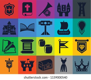 Set Of 20 icons such as Crown, Gown, Chest, Castle, Banner, Tower, Standard, Beer, Crossbow, Bridge, Viking ship, Shield, Necklace, Fanfare, transparency icon pack, pixel perfect