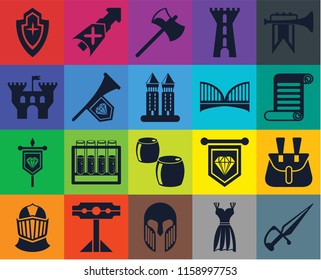Set Of 20 icons such as Dagger, Gown, Armour, Pillory, Helmet, Fanfare, Belt pouch, Beer, Banner, Bridge, Shield, Scroll, Axe, transparency icon pack, pixel perfect