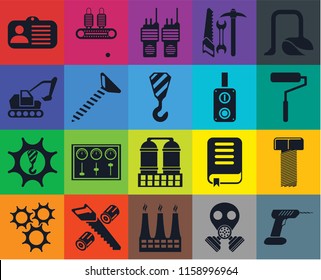 Set Of 20 icons such as Drill, Gas mask, Factory, Wood cutting, Cogwheel, Vacuum, Bolt, Refinery, Machinery, Screw, Switch, Id card, Roller, Walkie talkie, transparency icon pack, pixel perfect