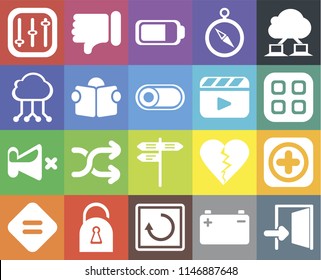 Set Of 20 icons such as Exit, Battery, Restart, Locked, Equal, Cloud computing, Add, Street, Mute, Reading, Video player, Controls, Menu, web UI editable icon pack, pixel perfect