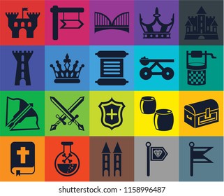 Set Of 20 icons such as Flag, Standard, Tower, Poison, Bible, Castle, Chest, Shield, Crossbow, Crown, Trebuchet, Water well, Bridge, transparency icon pack, pixel perfect