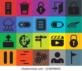 Set Of 20 icons such as Flag, User, Settings, Lines, Pause, Locked, Street, Upload, Switch, Battery, Server, Notebook, Unlocked, transparency icon pack, pixel perfect