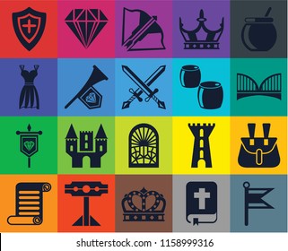 Set Of 20 icons such as Flag, Bible, Crown, Pillory, Scroll, Cauldron, Belt pouch, Stained glass window, Banner, Fanfare, Beer, Shield, Bridge, Crossbow, transparency icon pack, pixel perfect