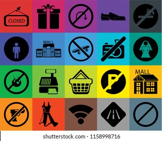 Set Of 20 icons such as Forbidden, Road, Wifi, Dress, Gun, No smoking, Mall, Shopping basket, fire, camera, Closed, Restroom, turn, transparency icon pack, pixel perfect