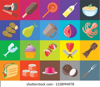 Set Of 20 icons such as Fork, Coconut, Jelly, Sushi, Taco, Pasta, Pepper, Kebab, Glass, Pear, Fig, Octopus, Jawbreaker, transparency icon pack, pixel perfect