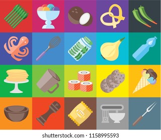 Set Of 20 icons such as Fork, Mixer, Chips, Pepper, Bowl, Ice cream, Sushi, Pancakes, Whisk, Onion, Asparagus, Water, Coconut, transparency icon pack, pixel perfect