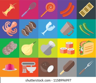 Set Of 20 icons such as Fork, Ice cream, Coconut, Mixer, Jelly, Biscuit, Taco, Salt, Cookies, Coffee, Mug, Apple, Pepper, Jawbreaker, transparency icon pack, pixel perfect