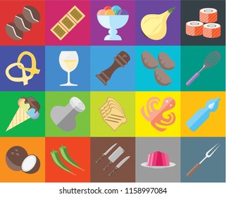 Set Of 20 icons such as Fork, Jelly, Knives, Pepper, Coconut, Sushi, Water, Toast, Ice cream, Glass, Potatoes, Coffee, Whisk, transparency icon pack, pixel perfect