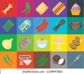 Set Of 20 icons such as Fork, Coconut, Cucumber, Mixer, Pepper, Cupcake, Potatoes, Pasta, Onion, Pickles, Apple, Bowl, Chips, transparency icon pack, pixel perfect