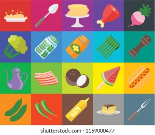 Set Of 20 icons such as Fork, Pancakes, Mustard, Pepper, Cucumber, Radish, Hot dog, Coconut, Teapot, Pickles, Asparagus, Risotto, transparency icon pack, pixel perfect