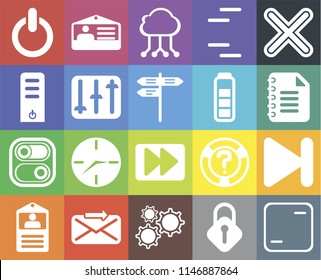 Set Of 20 icons such as Frame, Lock, Settings, Send, Id card, Multiply, Next, Fast forward, Switch, Controls, Battery, Notepad, Cloud computing, web UI editable icon pack, pixel perfect