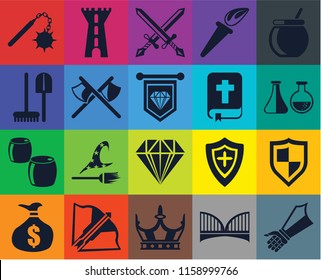Set Of 20 icons such as Gauntlet, Bridge, Crown, Crossbow, Money bag, Cauldron, Shield, Jewelry, Beer, Axes, Bible, Morning star, Alchemy, Swords, transparency icon pack, pixel perfect