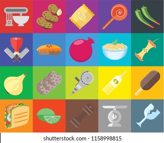 Set Of 20 icons such as Glass, Scale, Pepper, Lime, Taco, Ice cream, Grinder, Onion, Pie, Pasta, Mixer, Apple, Chips, transparency icon pack, pixel perfect