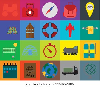 Set Of 20 icons such as Globe, Trailer, Passport, Calendar, Gps, Aqualung, Time, Beach volleyball, Hotel, Airplane, Binoculars, Towel, Compass, transparency icon pack, pixel perfect