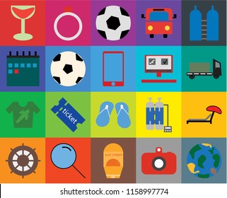Set Of 20 icons such as Globe, Camera, Sun protection, Search, Helm, Oxygen, Sunbed, Flip flops, Shirt, Ball, Booking, Cocktail, Trailer, transparency icon pack, pixel perfect