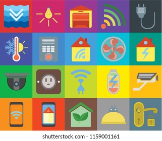Set Of 20 icons such as Handle, Lightbulb, Smart home, Mobile, Plug, Cctv, Wireless, Security camera, Intercom, Fan, Deep, Home, Garage, transparency icon pack, pixel perfect