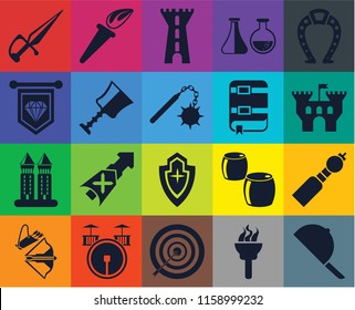 Set Of 20 icons such as Hat, Torch, Archery, Drum, Crossbow, Horseshoe, Bladder pipe, Shield, Tower, Cup, Book, Dagger, Castle, transparency icon pack, pixel perfect