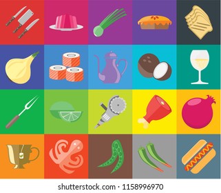 Set Of 20 icons such as Hot dog, Pepper, Peas, Octopus, Tea, Toast, Pomegranate, Grinder, Fork, Sushi, Coconut, Knives, Glass, Chives, transparency icon pack, pixel perfect