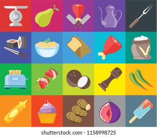 Set Of 20 icons such as Ice cream, Fig, Potatoes, Cupcake, Mustard, Fork, Pepper, Coconut, Toaster, Pasta, Ham, Scale, Flour, Butcher, transparency icon pack, pixel perfect