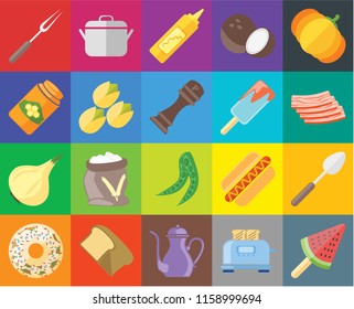 Set Of 20 icons such as Ice cream, Toaster, Teapot, Bread, Doughnut, Pumpkin, Spoon, Peas, Onion, Pistachio, Fork, Bacon, Mustard, transparency icon pack, pixel perfect