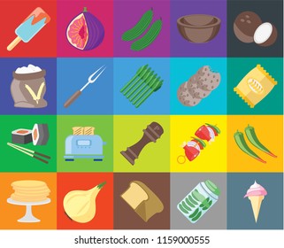 Set Of 20 icons such as Ice cream, Pickles, Bread, Onion, Pancakes, Coconut, Pepper, Sushi, Fork, Cookies, Chips, Cucumber, transparency icon pack, pixel perfect