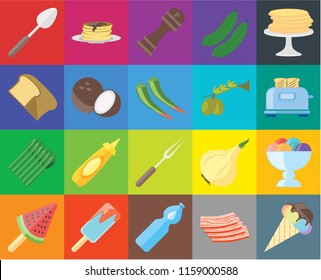 Set Of 20 icons such as Ice cream, Bacon, Water, Pancakes, Fork, Asparagus, Coconut, Olives, Spoon, Toaster, Pepper, transparency icon pack, pixel perfect