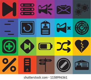 Set Of 20 icons such as Id card, Forbidden, Street, Server, Percent, Settings, Dislike, Battery, Add, Restart, Mute, Next, Radar, Speaker, transparency icon pack, pixel perfect