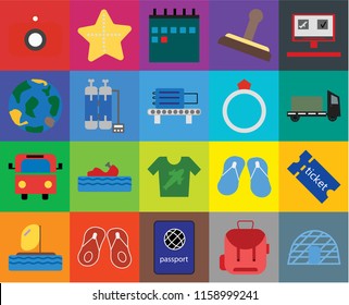 Set Of 20 icons such as Igloo, Backpack, Passport, Flip flops, Parasailing, Booking, Tickets, Shirt, Bus, Oxygen tank, Ring, Camera, Trailer, Calendar, transparency icon pack, pixel perfect