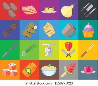 Set Of 20 icons such as Jelly, Ice cream, Pasta, Honey, Sushi, Knives, Fork, Scale, Whisk, Potatoes, Mug, Cupcake, Pancakes, transparency icon pack, pixel perfect
