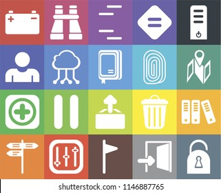 Set Of 20 icons such as Locked, Exit, Flag, Controls, Street, Server, Archive, Upload, Add, Cloud computing, Fingerprint, Battery, Map, Lines, web UI editable icon pack, pixel perfect