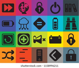 Set Of 20 icons such as Locked, Back, Server, Lines, Shuffle, Archive, Lock, Mute, Restart, Cloud computing, Battery, Fast forward, Binoculars, Unlocked, transparency icon pack, pixel perfect